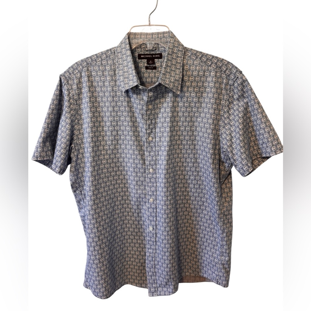 Michael Kors Men's Short-Sleeve Patterned Shirt in Blue and White Size Medium